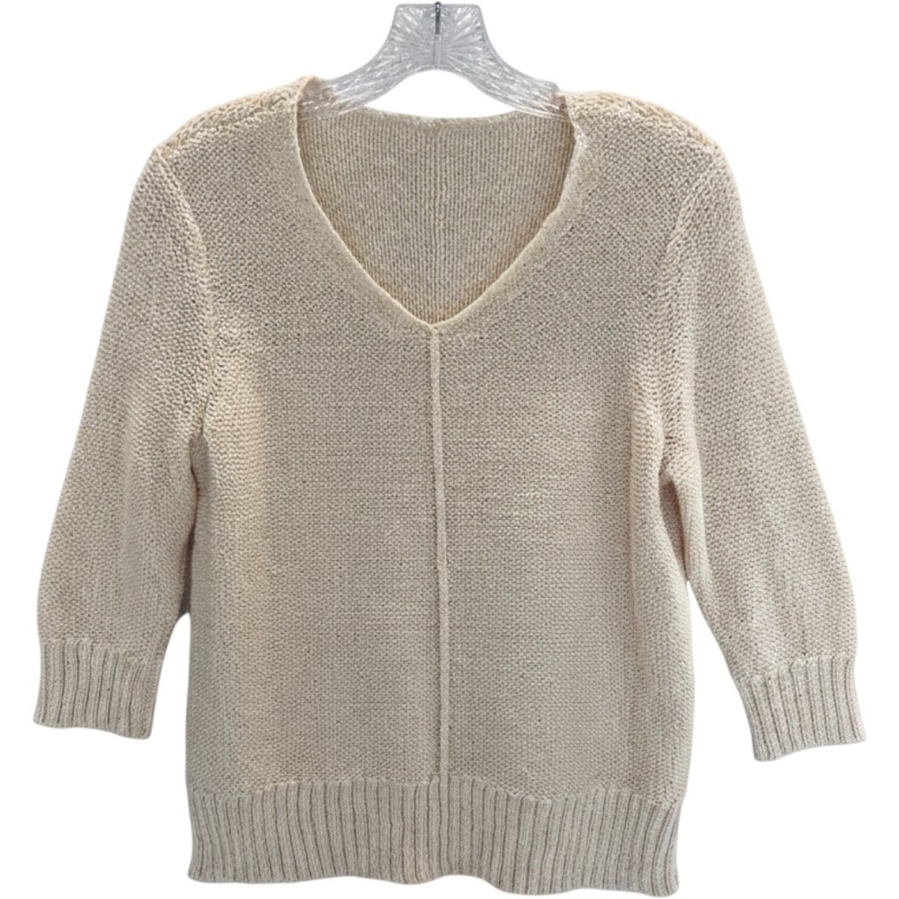Chicos light yellow v-Neck 3/4 Sleeve Textured Knit Cotton Blend Sweater